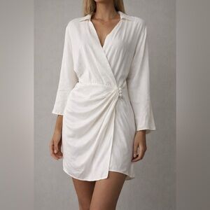 Zara White Wrap Mini Dress V Neck Long Sleeve Button Detail Size M